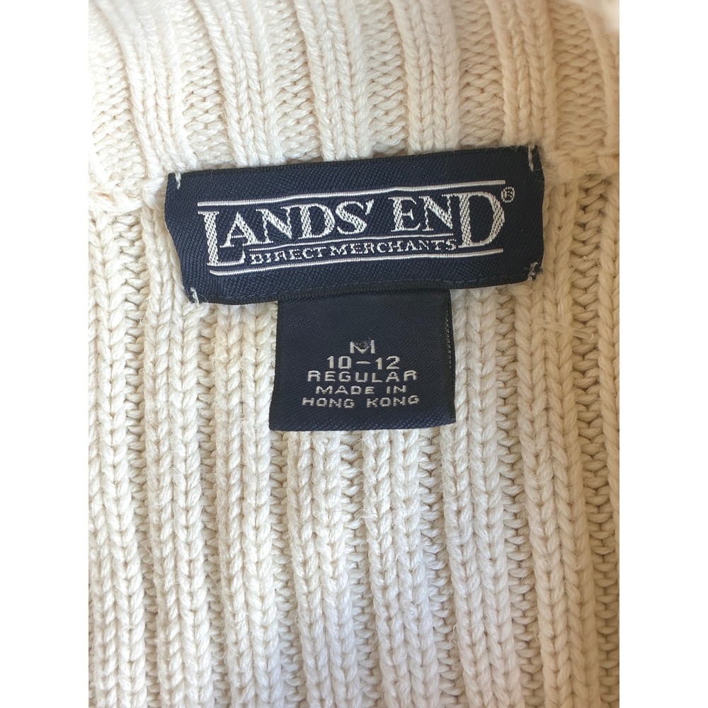 VTG 90s Lands End Cream 100% Cotton Cable Knit Quarter Zip Sweater Old Money - Picture 2 of 7
